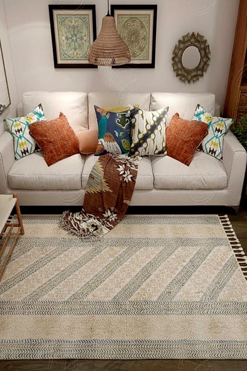Yellow Hand Printed Geometric Rug - Image 2