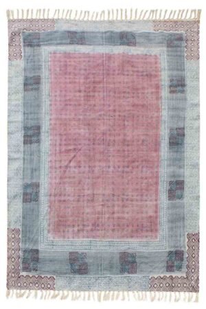 Hand block printed red and gray rug with decorative geometric border Hand Block Printed Geometric Cotton Rug in blush red and gray tones Artisan-inspired red and gray area rug with framed border design