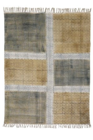 Geometric area rug with patchwork pattern in beige and gray tones Handmade Geometric Cotton Rugs inspired area rug with segmented geometric design Modern geometric area rug featuring artisan-style patchwork panels