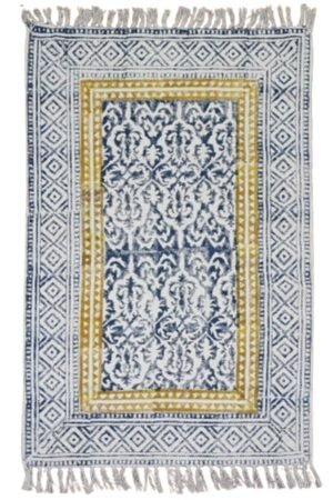 Geometric printed blue area rug with decorative central pattern and diamond border Handmade Geometric Cotton Rugs inspired blue area rug with artisan motifs Modern geometric printed blue area rug featuring ornate medallion-style design
