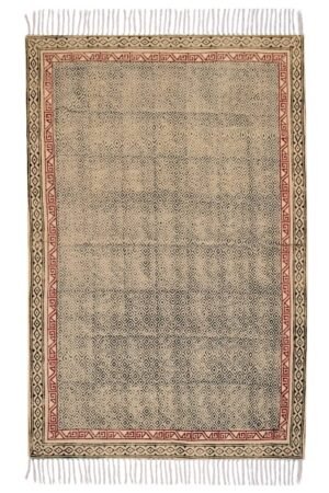 Geometric red border rug with intricate patterned field and decorative frame Handmade Geometric Cotton Rugs inspired rug with red border detailing Modern geometric rug featuring ivory base and artisan-style red border