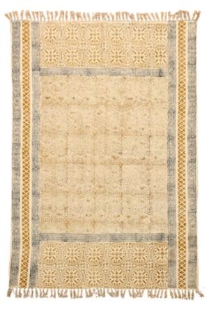 Yellow geometric rug with decorative border and artisan-inspired motifs Handmade Geometric Cotton Rug in soft yellow and gray tones Elegant yellow cotton area rug featuring traditional geometric patterns