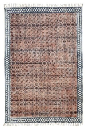 Hand block printed rug featuring intricate geometric patterns and decorative border Hand Block Printed Geometric Cotton Rug in earthy brown and black tones Artisan hand block printed area rug with traditional geometric motifs