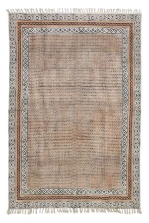 Brown area rug with decorative artisan-inspired border pattern Neutral brown cotton area rug suitable for living room décor Elegant brown area rug featuring detailed border craftsmanship