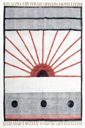 Hand block printed rug featuring a modern sunrise design and geometric accents Hand Block Printed Modern Rug with terracotta sunburst pattern Artisan cotton rug showcasing a bold sunrise motif and striped border
