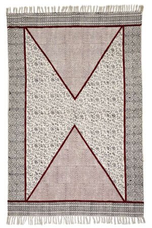 Geometric rug with bold angular patterns and decorative artisan border Handmade Geometric Cotton Rug featuring red accents and intricate detailing Elegant geometric area rug with floral-inspired motifs and patterned frame