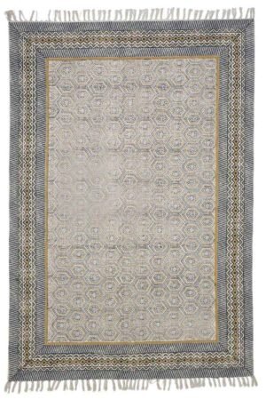 Geometric block printed yellow rug with intricate artisan border pattern Hand Block Printed Geometric Cotton Rug in soft yellow and neutral tones Elegant geometric area rug featuring detailed block printed motifs