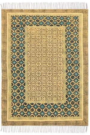Geometric area rug featuring intricate block printed motifs and teal decorative borders Hand Block Printed Geometric Cotton Rug with layered artisan-inspired patterns Elegant geometric area rug in beige and teal for living room décor