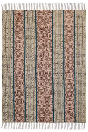 Hand block printed rug featuring geometric stripe patterns and artisan detailing Hand Block Printed Geometric Cotton Rug with decorative vertical bands Artisan cotton area rug showcasing striped geometric motifs and traditional design