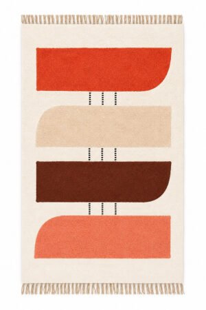 1. Handmade Geometric Cotton Rug with abstract modern block design. 2. Modern geometric cotton area rug in earthy terracotta and ivory tones. 3. Contemporary Handmade Geometric Cotton Rug with decorative fringe.
