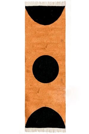 Cotton runner rug Premium Cotton Rug Runner with bold black geometric circles on an orange background. Handmade Cotton Rug Runner featuring a modern geometric pattern for hallways and kitchens. Contemporary orange Cotton Rug Runner with minimalist black circular design and decorative fringe.