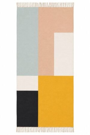 Modern Geometric Runner Rug handmade in cotton with a colorful block pattern. Handmade Modern Geometric Runner Rug featuring blush, mustard, blue, black, and ivory color blocks. Contemporary Modern Geometric Runner Rug for hallways, kitchens, and entryways.