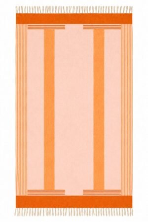 Handmade Orange Striped Rug with modern vertical stripes and decorative fringe. Contemporary Orange Striped Rug crafted from cotton for hallways and kitchens. Modern cotton Orange Striped Rug featuring a minimalist striped pattern in orange and blush pink.