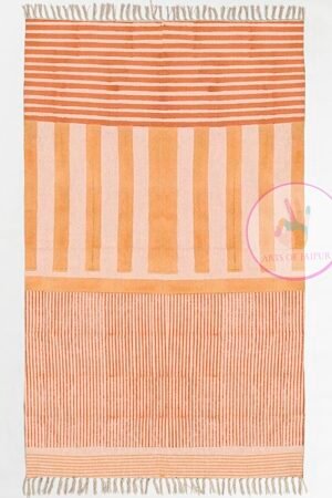 Hand Block Printed Orange Striped  Rug - 8x12 Area Rug