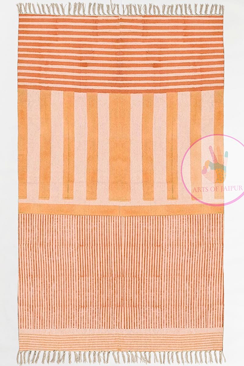 Hand Block Printed Orange Striped Rug - 8x12 Area Rug