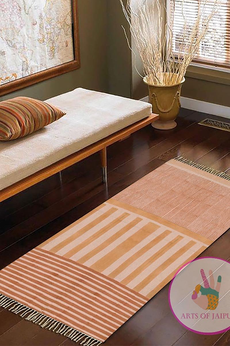 Hand Block Printed Orange Striped Rug - 8x12 Area Rug - Image 2