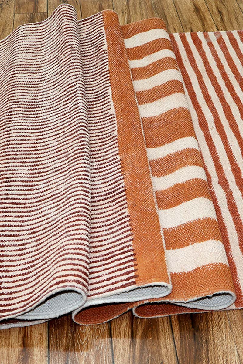 Hand Block Printed Orange Striped Rug - 8x12 Area Rug - Image 3