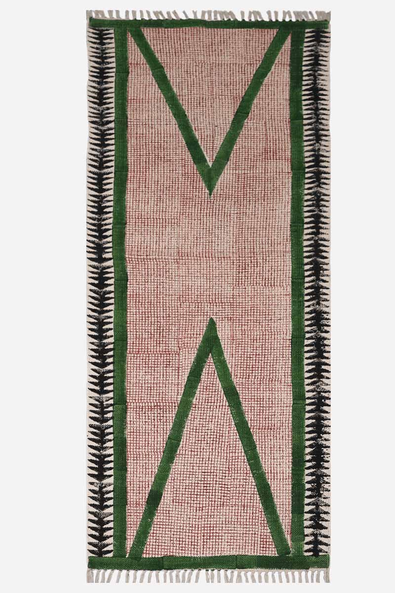Hand Block Printed Green Geometric Cotton Dhurrie
