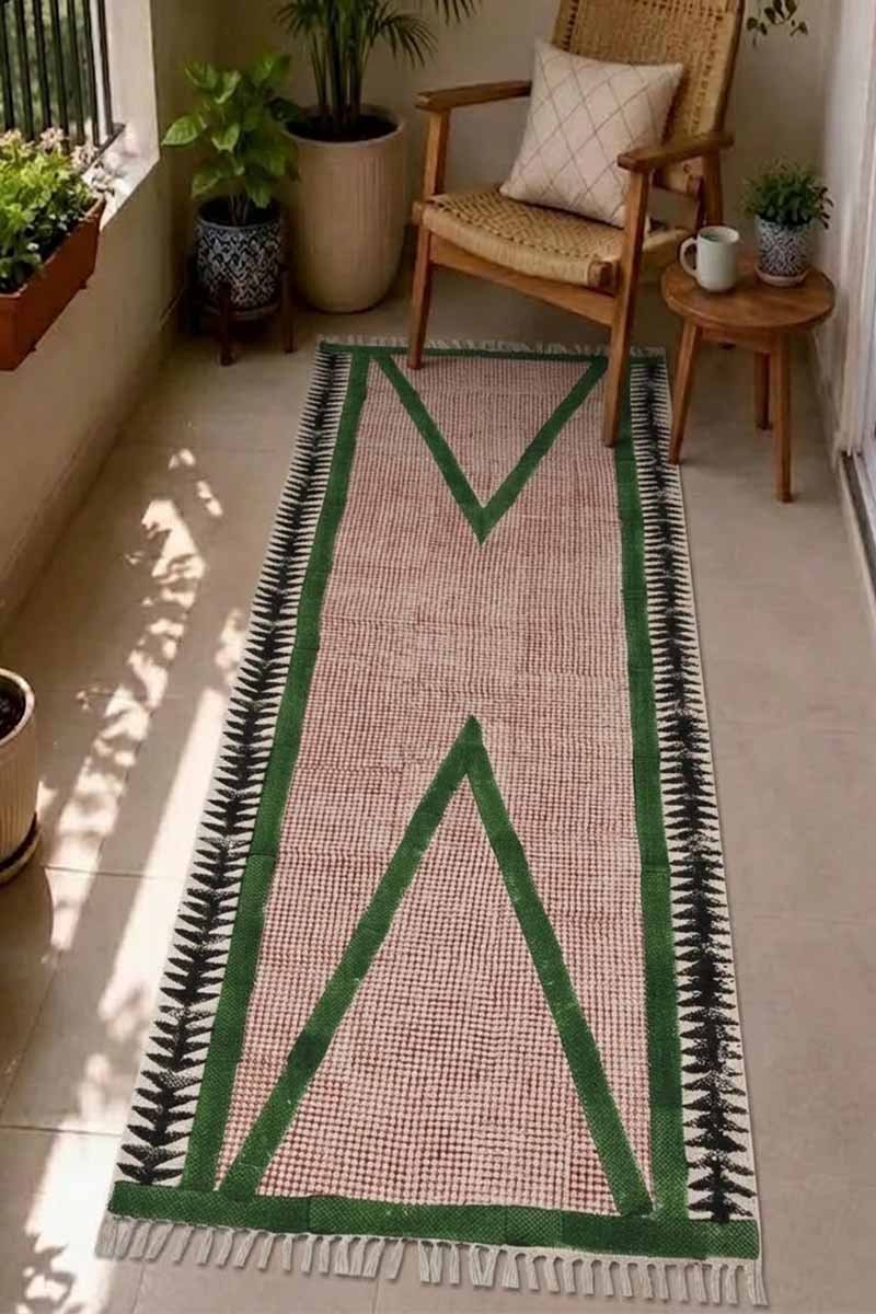 Hand Block Printed Green Geometric Cotton Dhurrie - Image 2