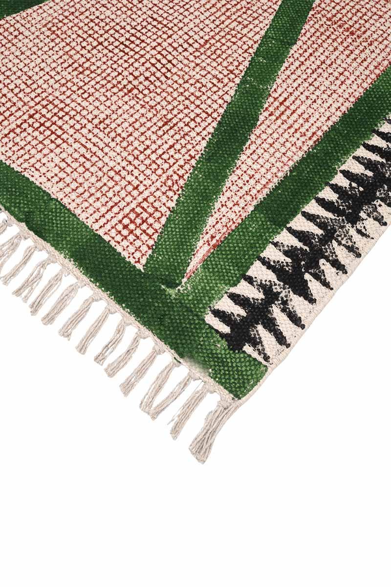 Hand Block Printed Green Geometric Cotton Dhurrie - Image 3