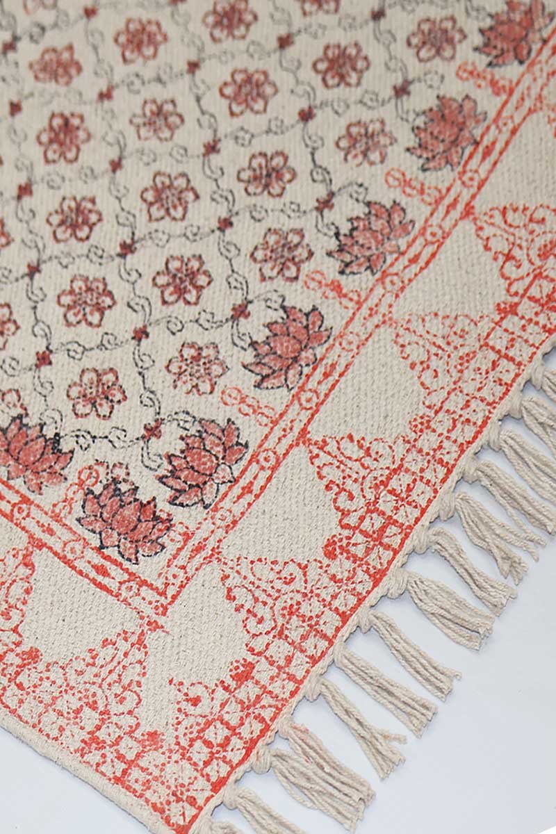 Hand Block Printed Red Geometric Cotton Rug - Image 2