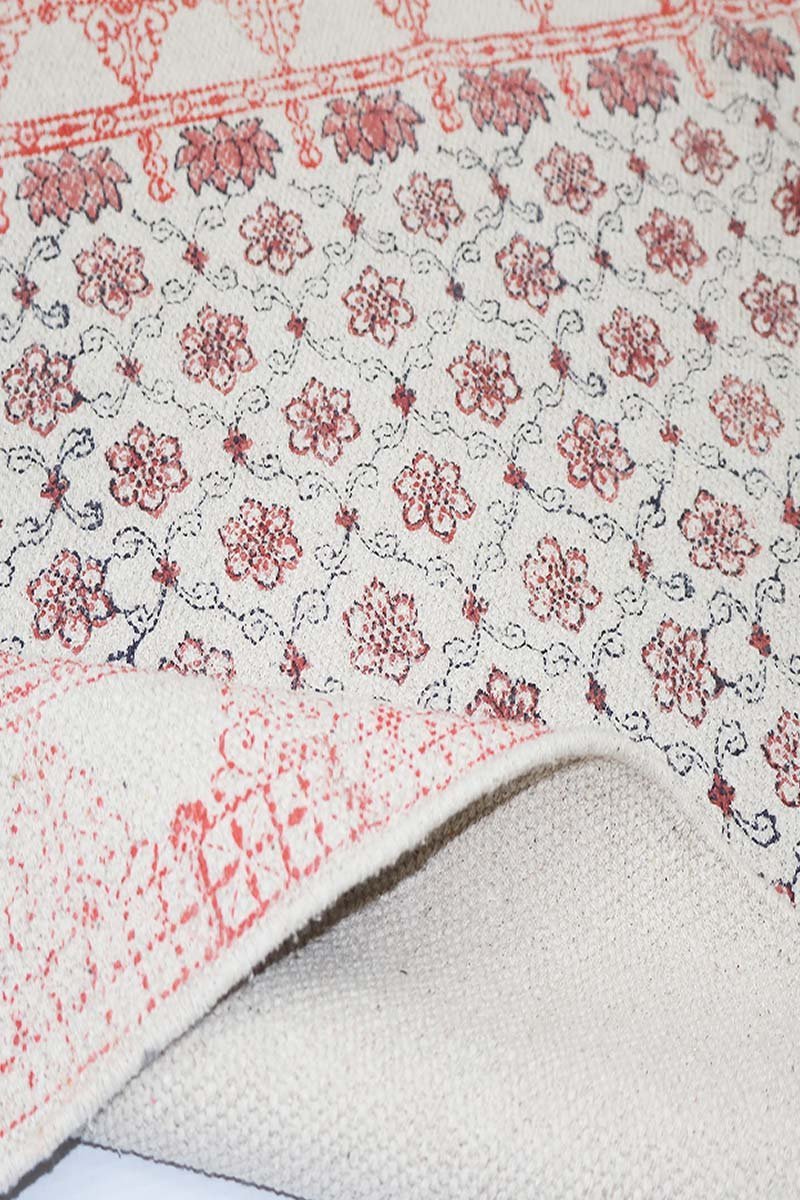 Hand Block Printed Red Geometric Cotton Rug - Image 3