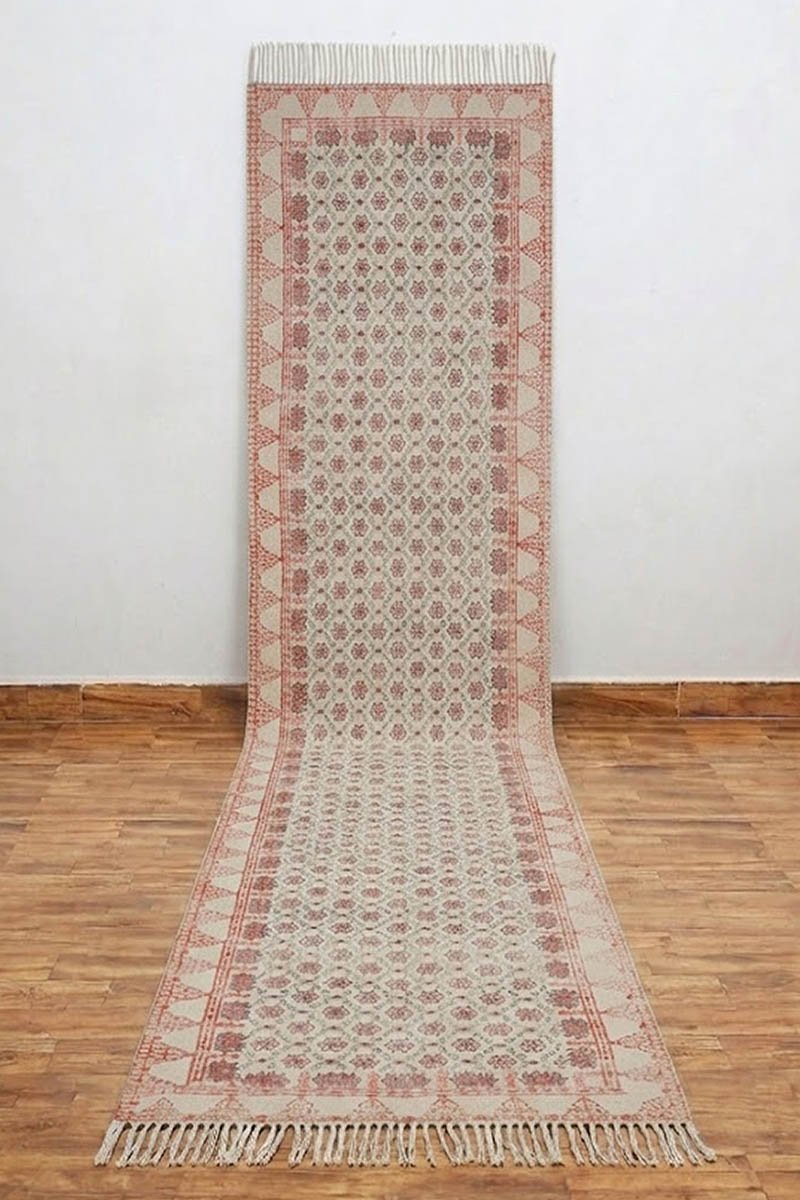 Hand Block Printed Red Geometric Cotton Rug - Image 4