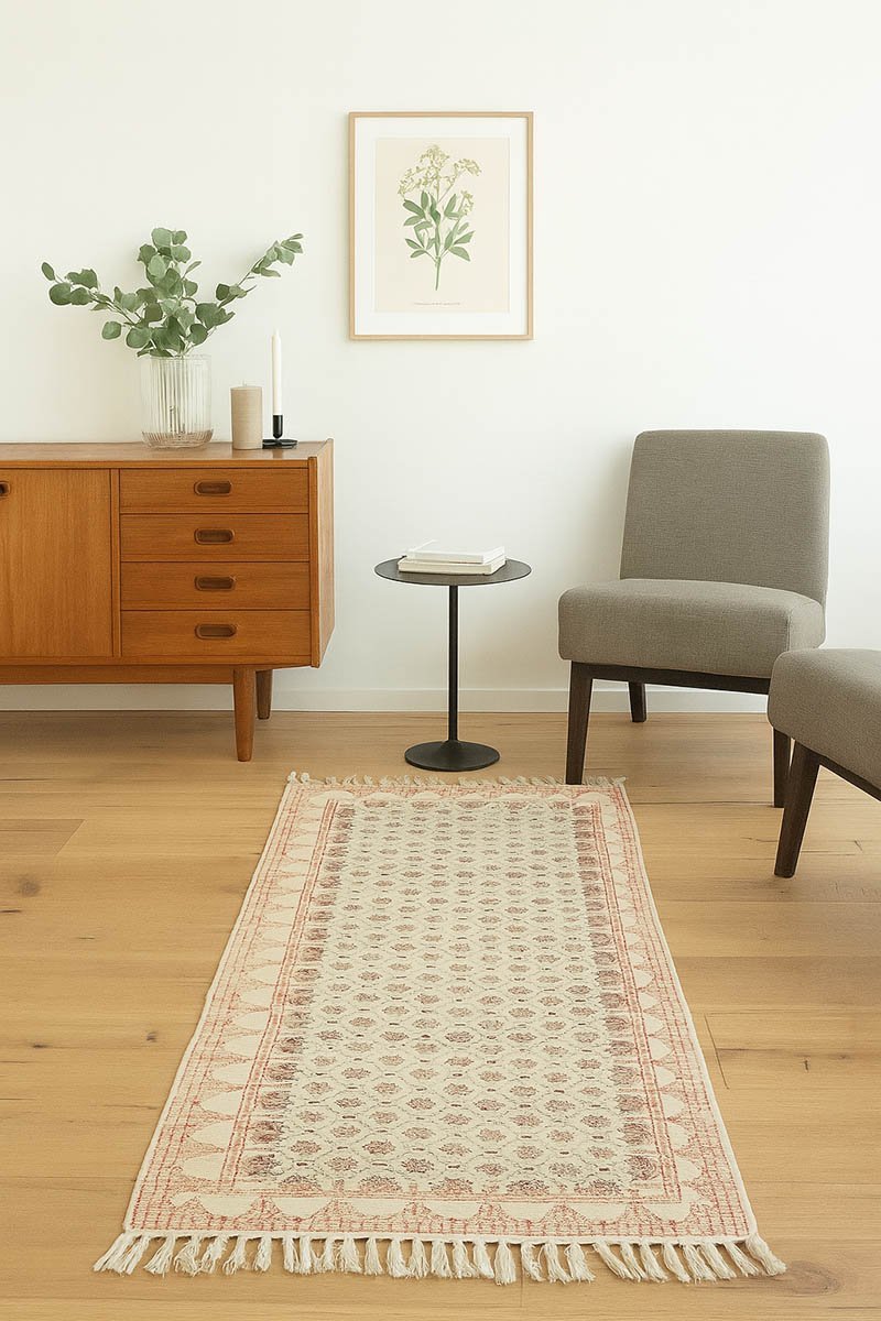 Hand Block Printed Red Geometric Cotton Rug - Image 5