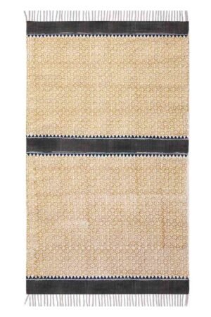 Yellow Floral Printed with Black Strip Cotton Rug