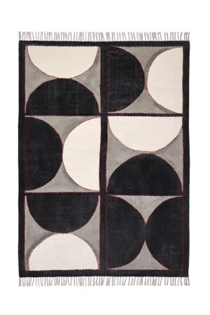 Handmade Geometric Black with Red Cotton Kantha Rug