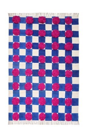 Checked Blue with Pink Floral Cotton Kantha Rug