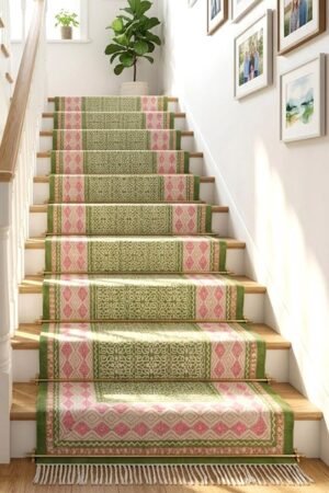 Green Hand Block Printed Floral Cotton Runner Rug