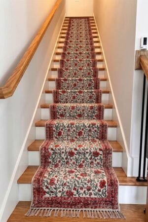 Orange Floral Hand Block Printed Cotton Rug - 4x6