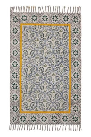 Gray Floral Hand Block Printed Cotton Runner Rug