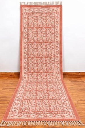 Red Floral Hand Block Printed Cotton Runner Rug